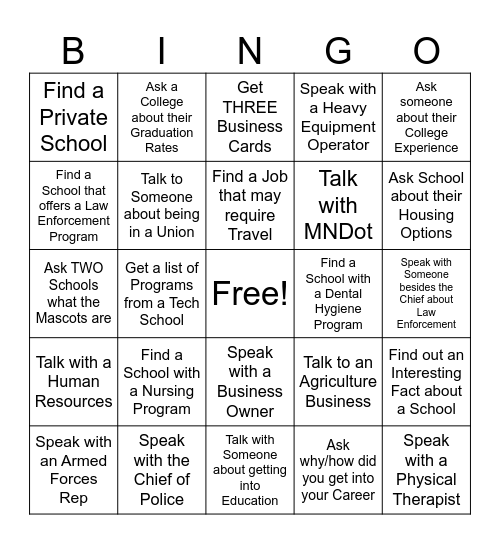 EV-W College and Career Fair Bingo Card