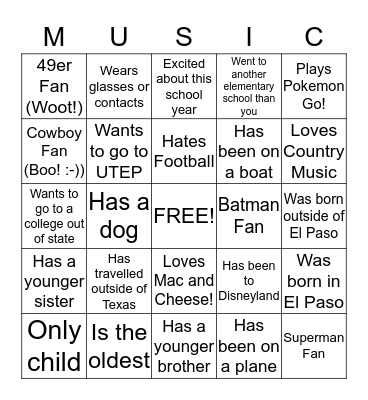GET TO KNOW YOUR BAND FAMILY! Bingo Card