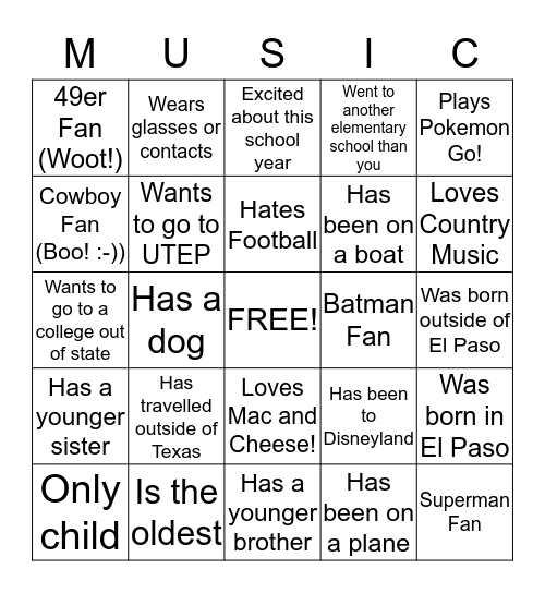 GET TO KNOW YOUR BAND FAMILY! Bingo Card