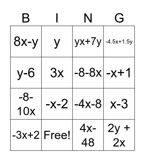 Distributive Property Bingo Card