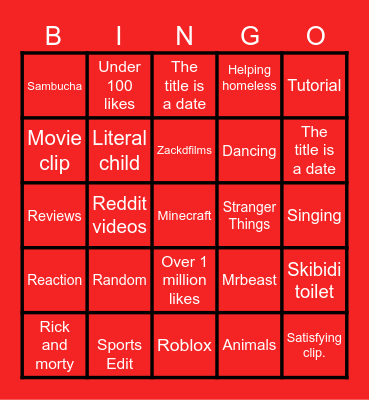 YouTube Shorts Bingo Card