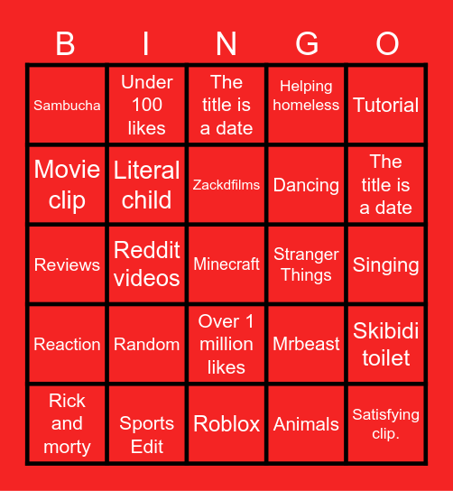 YouTube Shorts Bingo Card