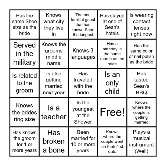 Find a Guest That…. Bingo Card