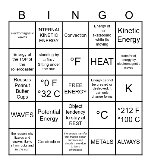 Thermal Energy, KE, & PE Bingo Card