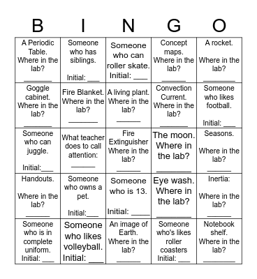 Mr. Klein's Lab Bingo Card