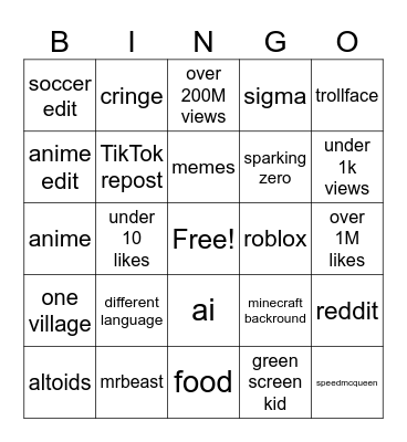 shorts Bingo Card