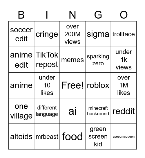 shorts Bingo Card