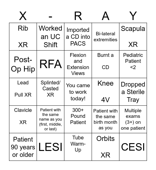 Rad Tech Week Bingo Card