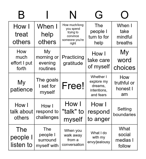 Things I Can Control Bingo Card