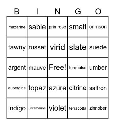 Color Word Bingo Card