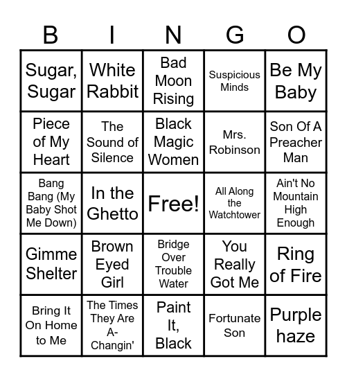 1960's Music Bingo Card