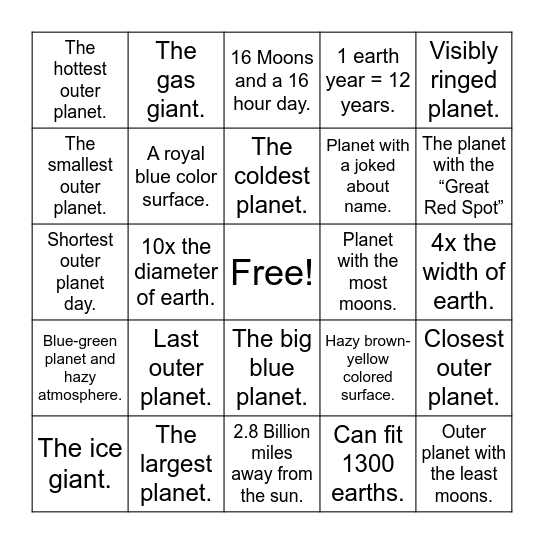 Outer Planets Bingo Card