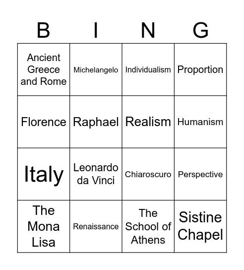 Renaissance Bingo Card