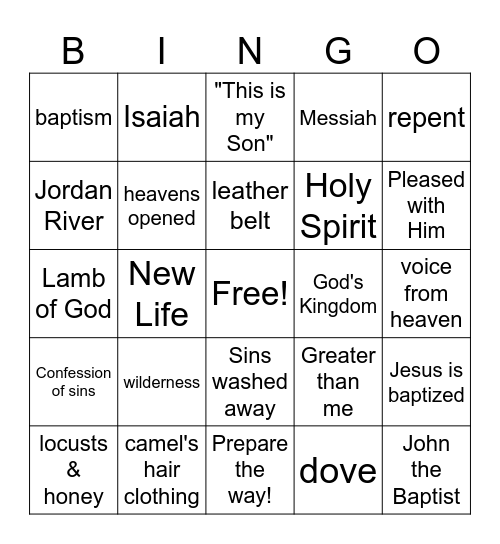 Jesus Was Baptized/Review the Story Bingo Card