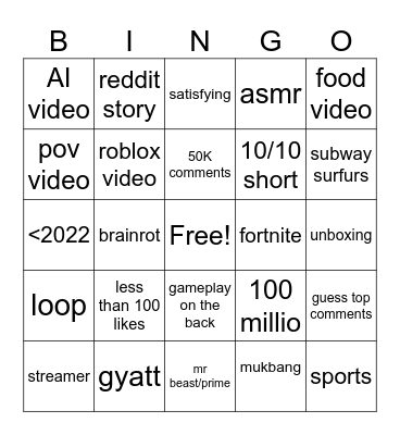ytb shorts Bingo Card