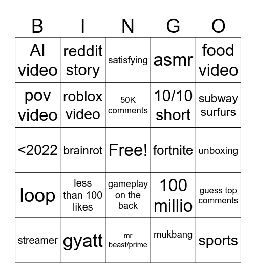 ytb shorts Bingo Card