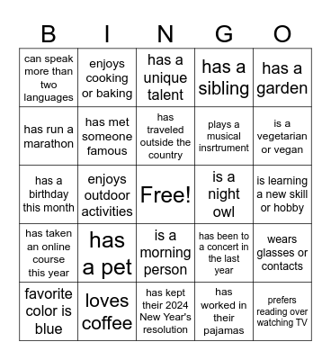 Team Connections Bingo Card