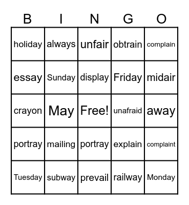 ai and ay Words Bingo Card