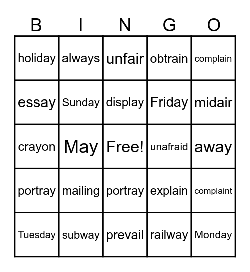 ai and ay Words Bingo Card