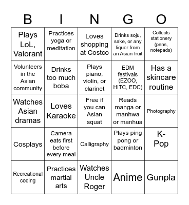 How Asian Are Your Hobbies Bingo Card