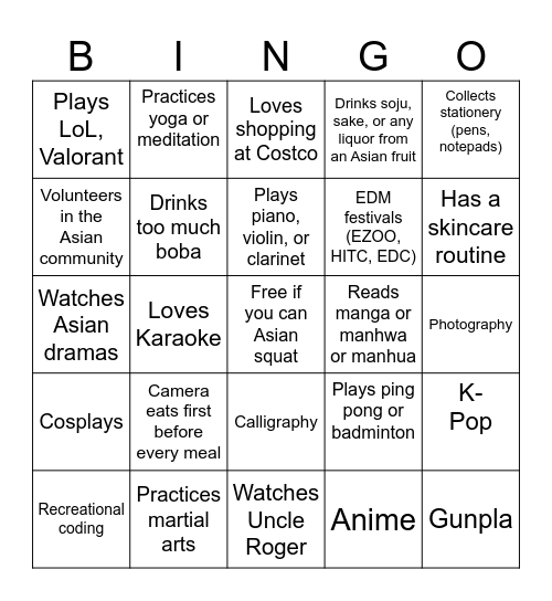 How Asian Are Your Hobbies Bingo Card