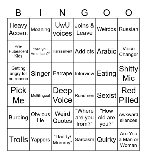 Public Discord VC Bingo Card