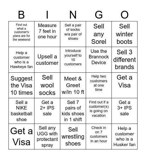 Sheels Shoe BINGO Card