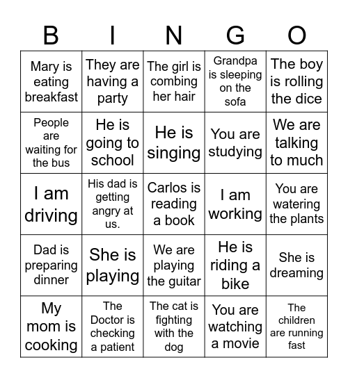 Present Continuous Bingo Card