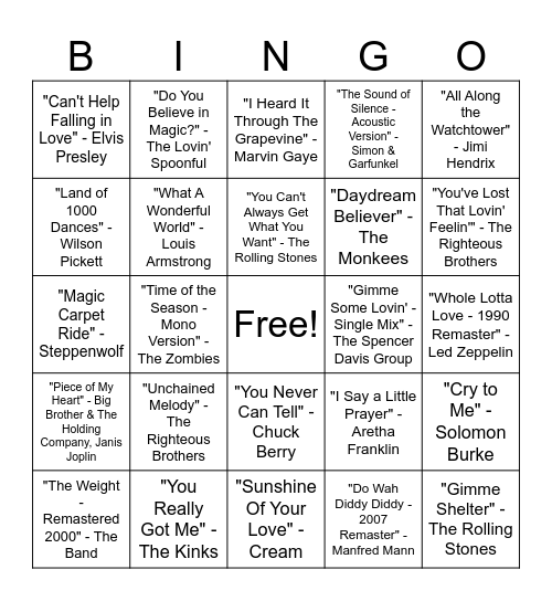 60s Music Bingo Round #2 Bingo Card