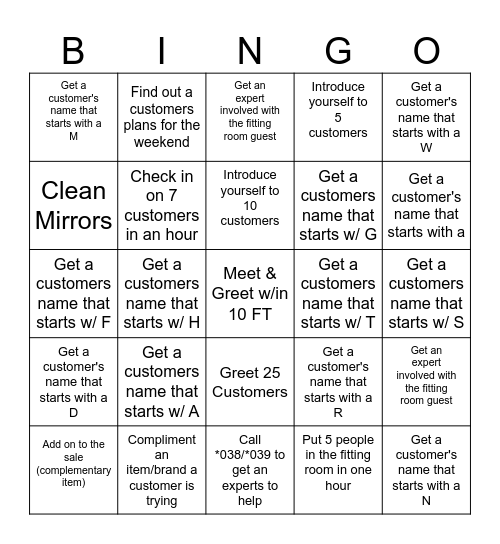 Fitting room BINGO Card