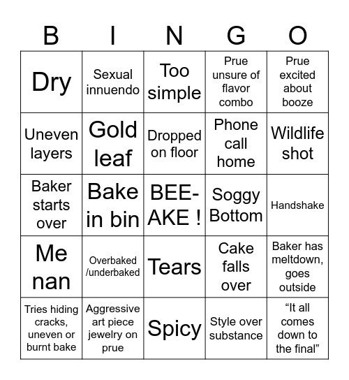 Bake Off Bingo Card