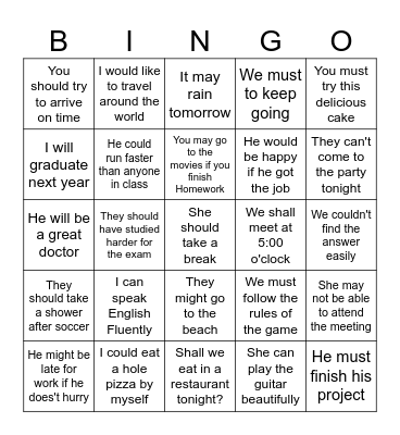 Modal Verbs Bingo Card