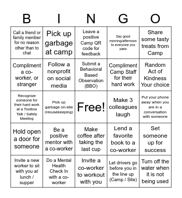 Small Acts of Kindness - Field Version Bingo Card