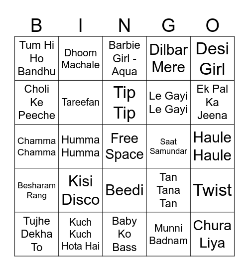 Bollywood Bingo Card