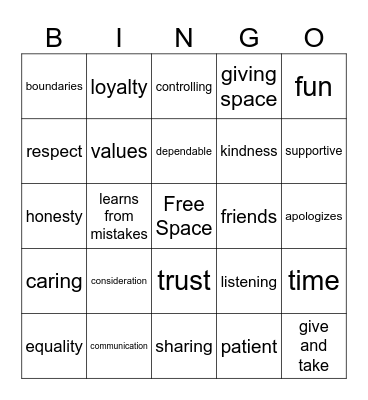 Relationship Bingo Card