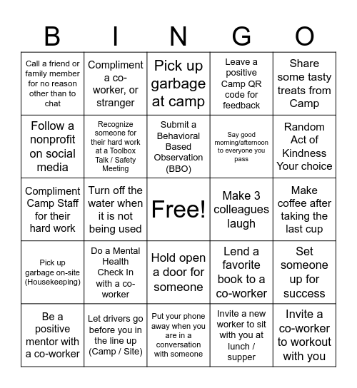 Small Acts of Kindness - Field Version Bingo Card