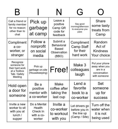 Small Acts of Kindness - Field Version Bingo Card