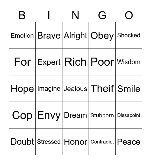 ASL emotions/money Bingo Card