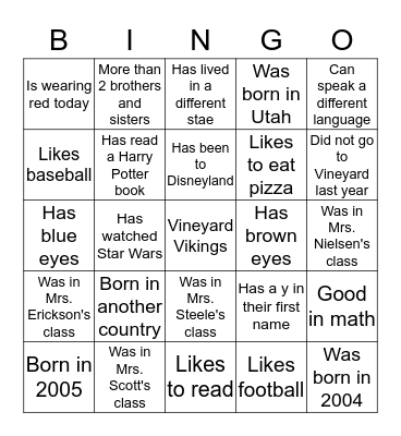 Classmate Bingo Card