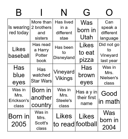 Classmate Bingo Card