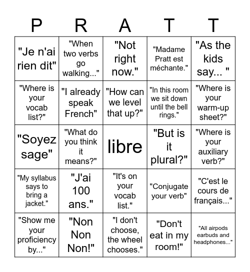 Dans la Classe de Madame Pratt Bingo Card