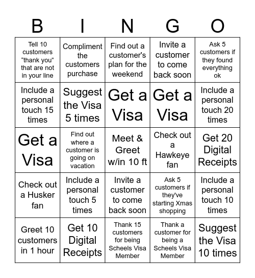 Cashier Bingo Card