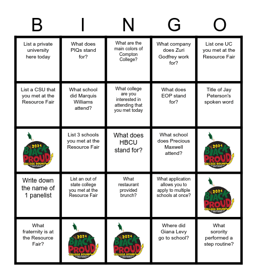 Black Proud College Bound Bingo Card