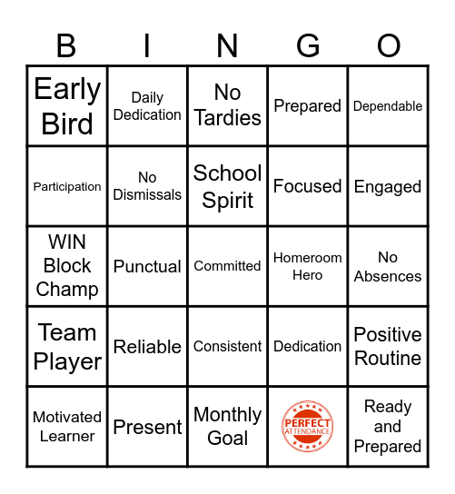 SMS Perfect Attendance Bingo Card