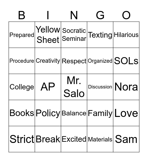 Chapman's Back to School Bingo Card