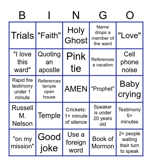 Fast Sunday BINGO Card