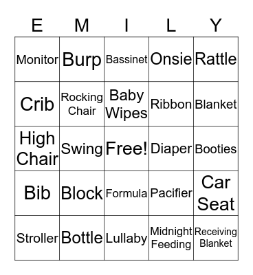 EMILY'S BABY SHOWER Bingo Card