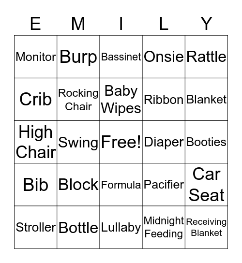 EMILY'S BABY SHOWER Bingo Card
