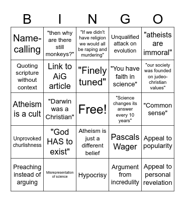 Shitty Theist Bingo Card