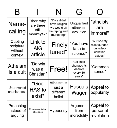 Shitty Theist Bingo Card